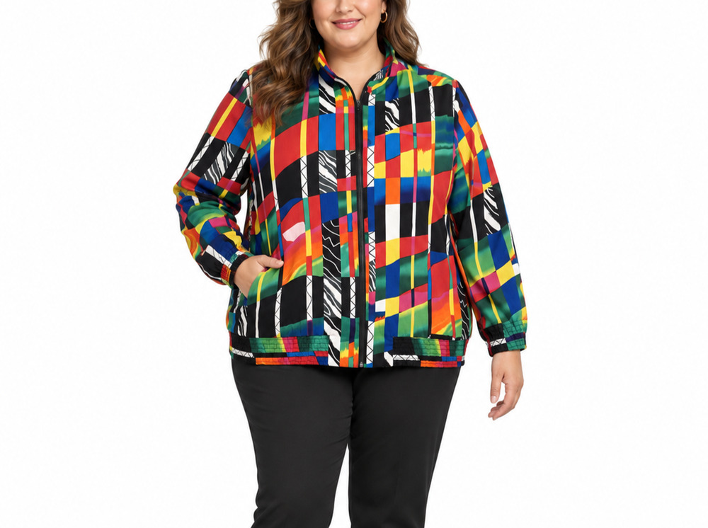 Draper's & Damon's 2x Multicolor Geometric Full Zip Bomber Jacket Retro Artsy